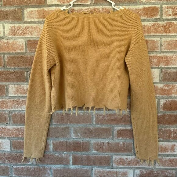 Lovers + Friends Revolve Prospect V Neck Knit Sweater Distressed Tan Crop Small - Picture 6 of 9